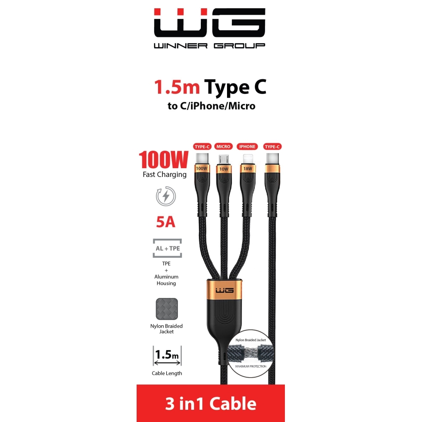 Winner Group -Cavo USB 3in1 USB-C / Lightning, USB-C e Micro USB 100W 1,5m nero