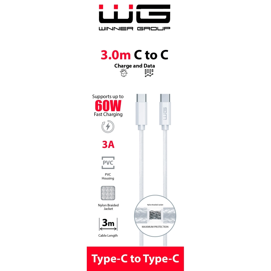 Winner Group - Cavo USB USB-C / USB-C 60W 3m bianco