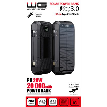 Winner Group - Power Bank con ricarica wireless e pannello solare 20000 mAh 20W PD