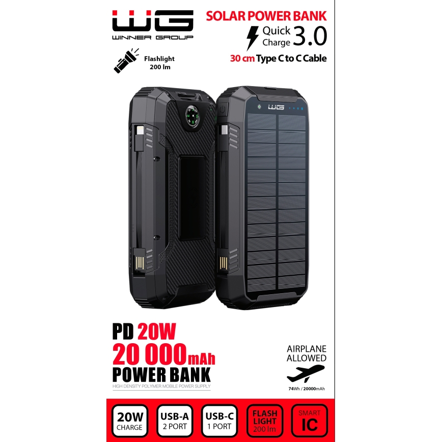 Winner Group - Power Bank con ricarica wireless e pannello solare 20000 mAh 20W PD