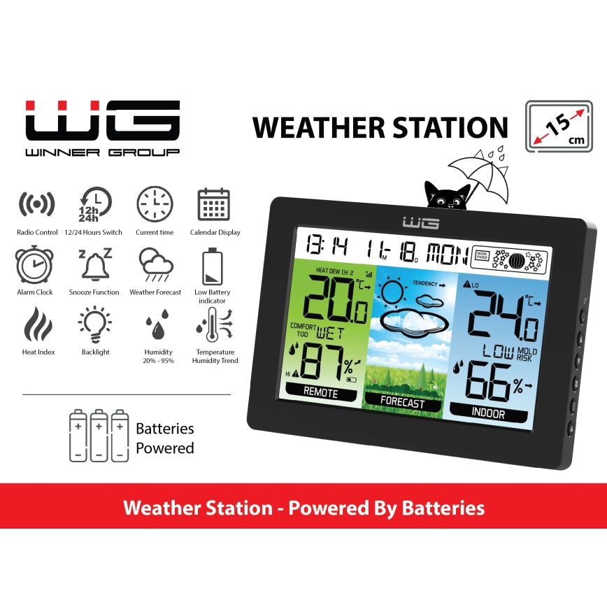 Winner Group - Stazione meteo con display LCD e sveglia 5xAAA