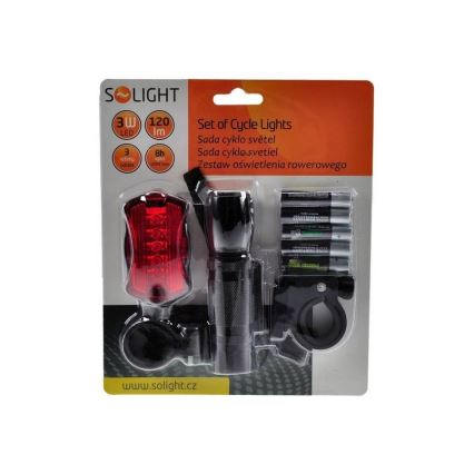 KIT luci per bici - anteriore LED 3W + posteriore 5xLED, 2xsupporto, 2x+3xAAA batterie