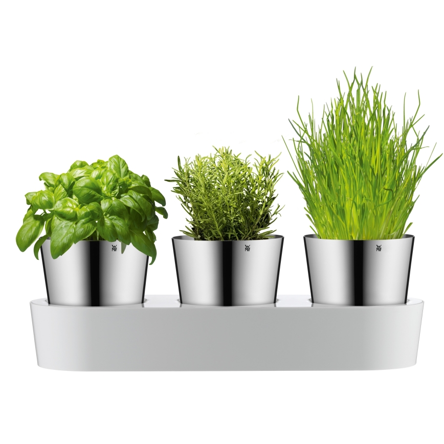 WMF - Vaso per erbe aromatiche autoinnaffiante 3pz GOURMET bianco/acciaio inossidabile
