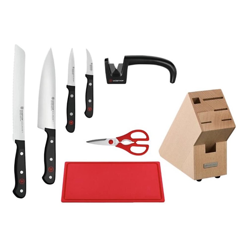 Wüsthof - Set di coltelli da cucina nel ceppo GOURMET con affilatore e tagliere, 8 pezzi