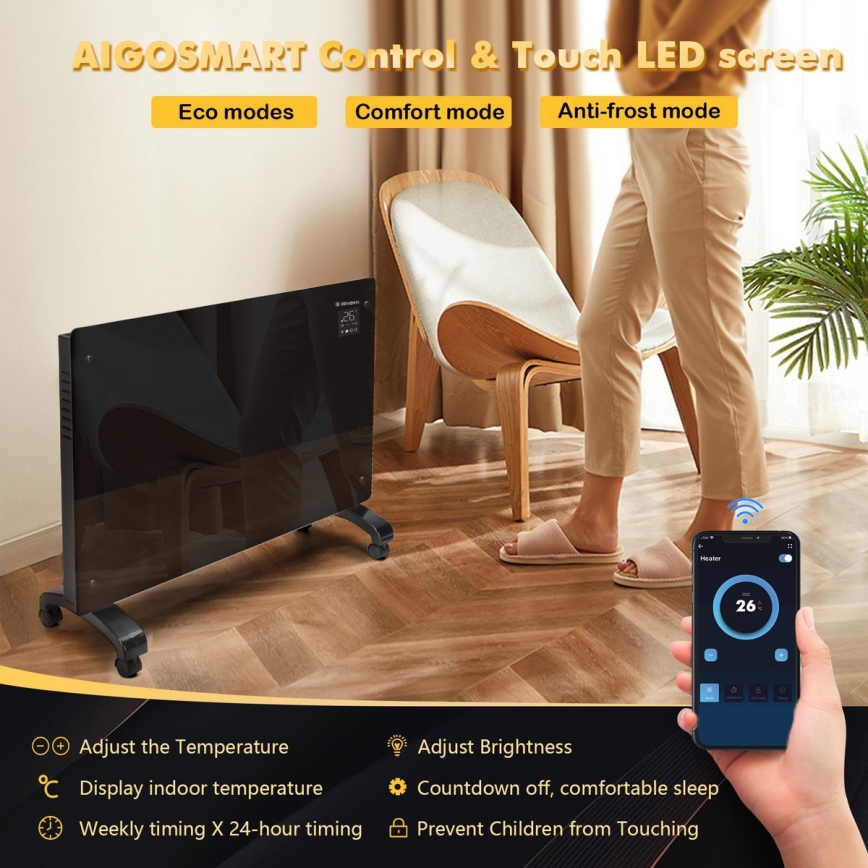 ZEVENTI - Riscaldatore elettrico/convettore a parete intelligente con display LCD 1000/2000W/230V Wi-Fi nero