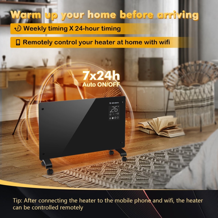 ZEVENTI - Riscaldatore elettrico/convettore a parete intelligente con display LCD 1000/2000W/230V Wi-Fi nero