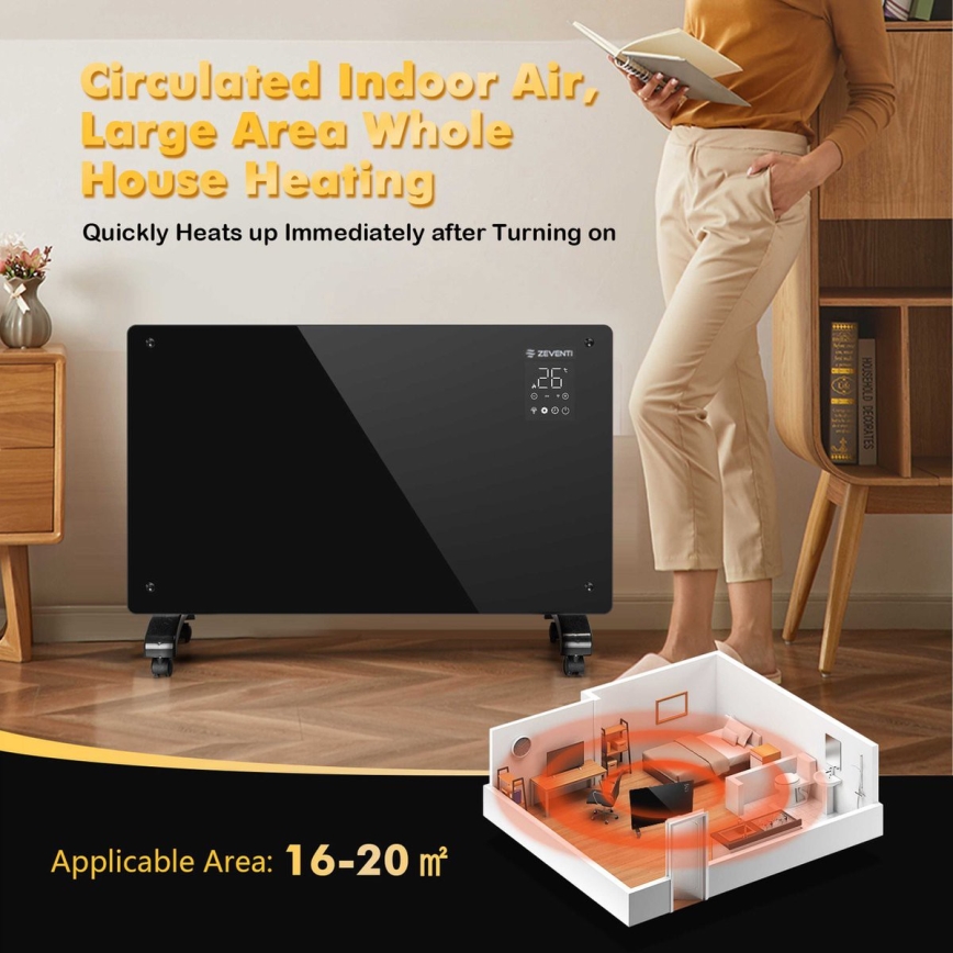 ZEVENTI - Riscaldatore elettrico/convettore a parete intelligente con display LCD 1000/2000W/230V Wi-Fi nero