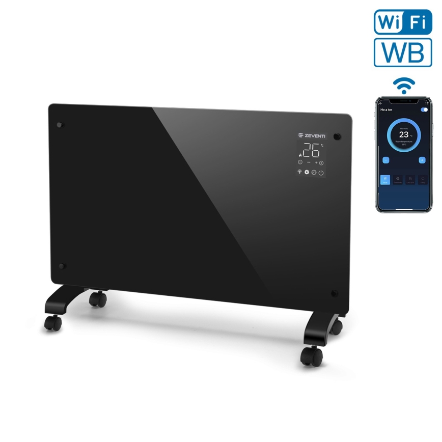 ZEVENTI - Riscaldatore elettrico/convettore a parete intelligente con display LCD 1000/2000W/230V Wi-Fi nero