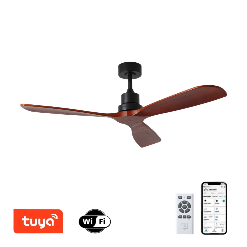 ZEVENTI - Ventilatore a soffitto LIONI Wi-Fi Tuya nero/rovere + telecomando