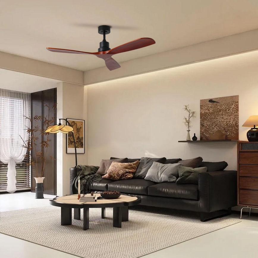 ZEVENTI - Ventilatore a soffitto LIONI Wi-Fi Tuya nero/rovere + telecomando