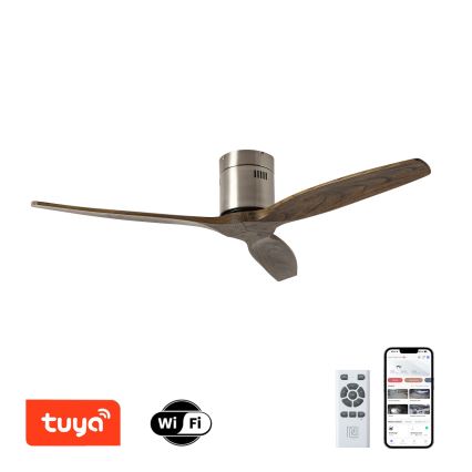 ZEVENTI - Ventilatore da soffitto SPELLO Wi-Fi Tuya cromo opaco/rovere + telecomando