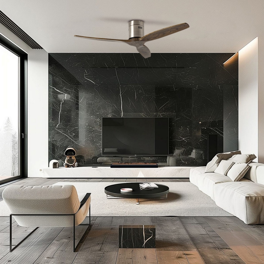 ZEVENTI - Ventilatore da soffitto SPELLO Wi-Fi Tuya cromo opaco/rovere + telecomando