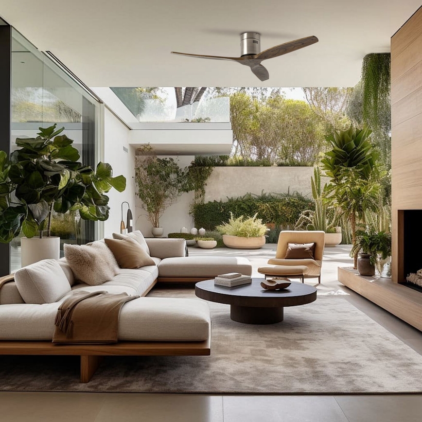 ZEVENTI - Ventilatore da soffitto SPELLO Wi-Fi Tuya cromo opaco/rovere + telecomando
