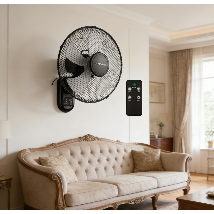 ZEVENTI - Ventilatore da parete FANNY 45W/230V Ø 41 cm nero + telecomando