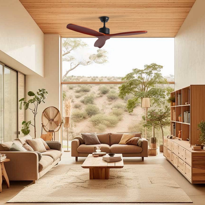 ZEVENTI - Ventilatore da soffitto CUENCA Wi-Fi Tuya nero/rovere + telecomando