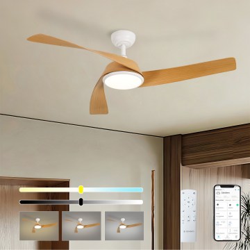 ZEVENTI - Ventilatore da soffitto dimmerabile a LED AERYS LED/24W/230V 3000/4000/6000K Wi-Fi Tuya bianco/rovere + telecomando