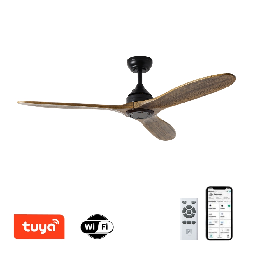 ZEVENTI - Ventilatore da soffitto LAURIA Wi-Fi Tuya nero/rovere + telecomando
