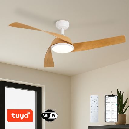 ZEVENTI - Ventilatore da soffitto dimmerabile a LED AERYS LED/24W/230V 3000/4000/6000K Wi-Fi Tuya bianco/rovere + telecomando