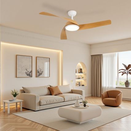 ZEVENTI - Ventilatore da soffitto dimmerabile a LED AERYS LED/24W/230V 3000/4000/6000K Wi-Fi Tuya bianco/rovere + telecomando