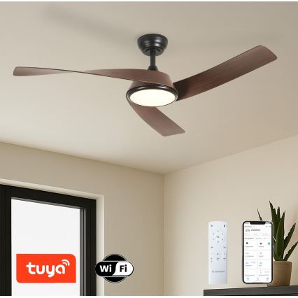 ZEVENTI - Ventilatore da soffitto dimmerabile a LED AERYS LED/24W/230V 3000/4000/6000K Wi-Fi Tuya nero/noce + telecomando
