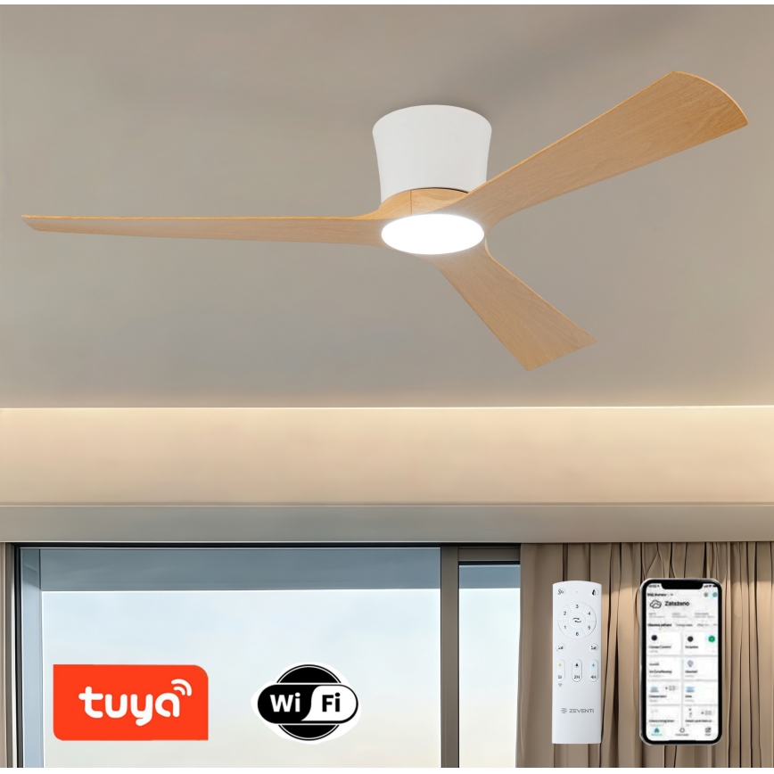 ZEVENTI - Ventilatore da soffitto dimmerabile a LED AUREX LED/24W/230V 3000/4000/6000K Wi-Fi Tuya bianco/rovere + telecomando