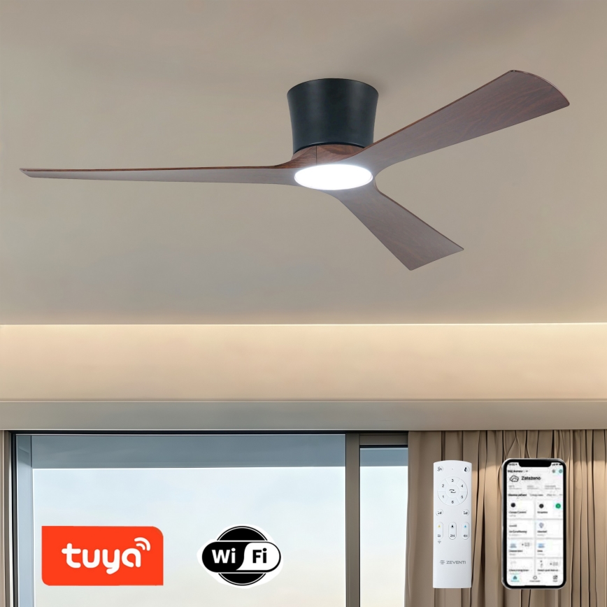 ZEVENTI - Ventilatore da soffitto LED dimmerabile AUREX LED/24W/230V 3000/4000/6000K Wi-Fi Tuya nero/noce + telecomando