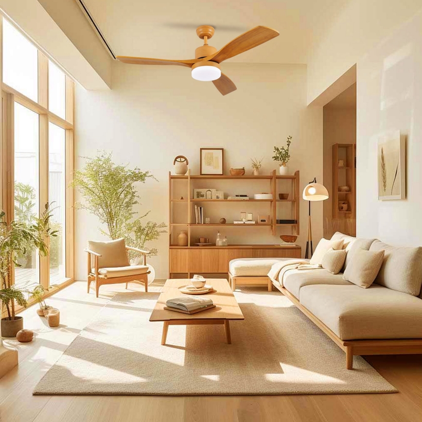 ZEVENTI - Ventilatore da soffitto LED MARE, 24W/230V, 3000/4000/6000K, Wi‑Fi Tuya, rovere, con telecomando