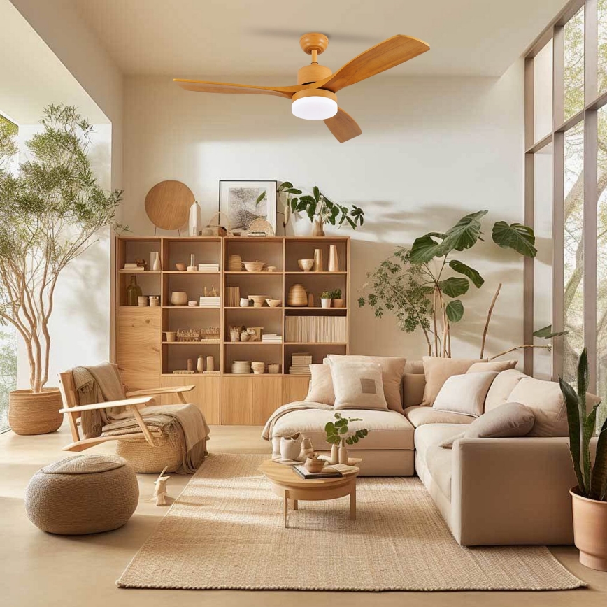 ZEVENTI - Ventilatore da soffitto LED MARE, 24W/230V, 3000/4000/6000K, Wi‑Fi Tuya, rovere, con telecomando