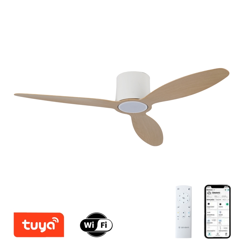 ZEVENTI - Ventilatore da soffitto dimmerabile VENTORA LED/24W/230V 3000/4000/6000K Wi-Fi Tuya bianco/rovere + telecomando