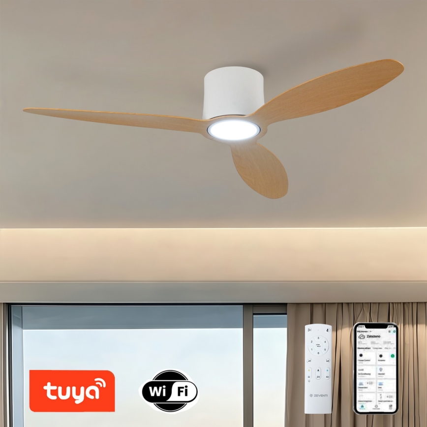ZEVENTI - Ventilatore da soffitto dimmerabile VENTORA LED/24W/230V 3000/4000/6000K Wi-Fi Tuya bianco/rovere + telecomando