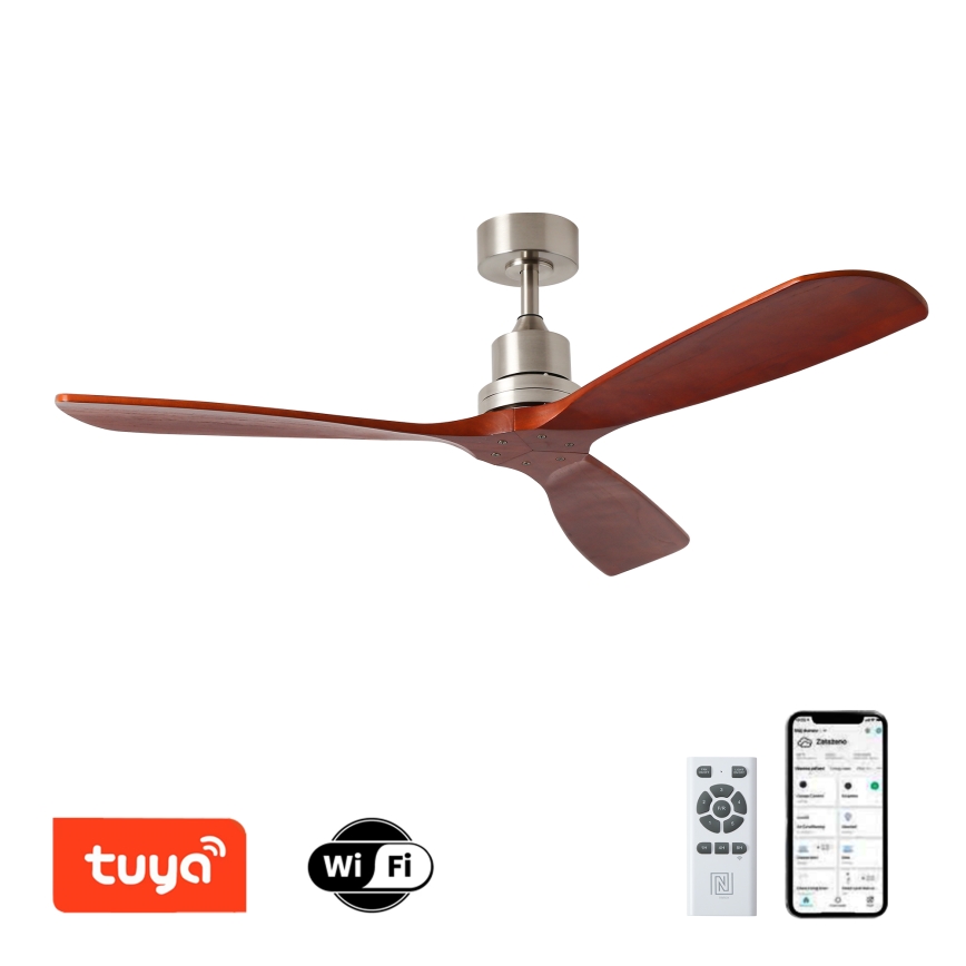 ZEVENTI - Ventilatore da soffitto LIONI Wi-Fi Tuya cromo opaco/quercia + telecomando