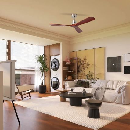 ZEVENTI - Ventilatore da soffitto LIONI Wi-Fi Tuya cromo opaco/quercia + telecomando