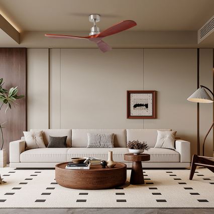 ZEVENTI - Ventilatore da soffitto LIONI Wi-Fi Tuya cromo opaco/quercia + telecomando