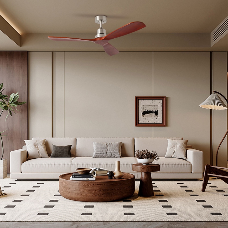 ZEVENTI - Ventilatore da soffitto LIONI Wi-Fi Tuya cromo opaco/quercia + telecomando