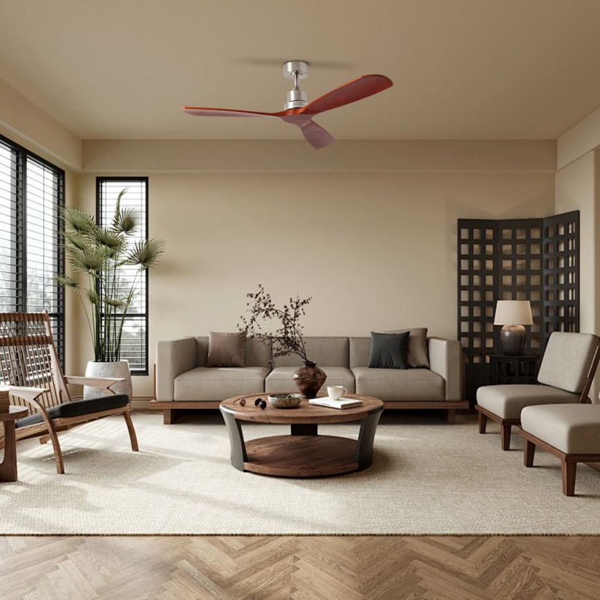 ZEVENTI - Ventilatore da soffitto LIONI Wi-Fi Tuya cromo opaco/quercia + telecomando