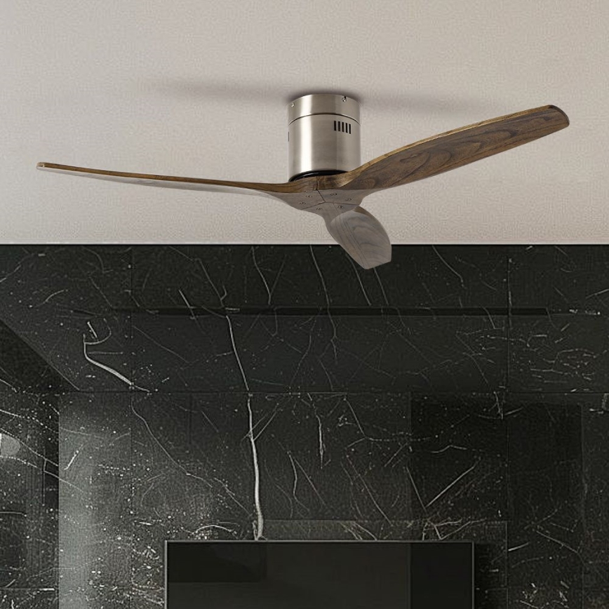 ZEVENTI - Ventilatore da soffitto SPELLO Wi-Fi Tuya cromo opaco/rovere + telecomando