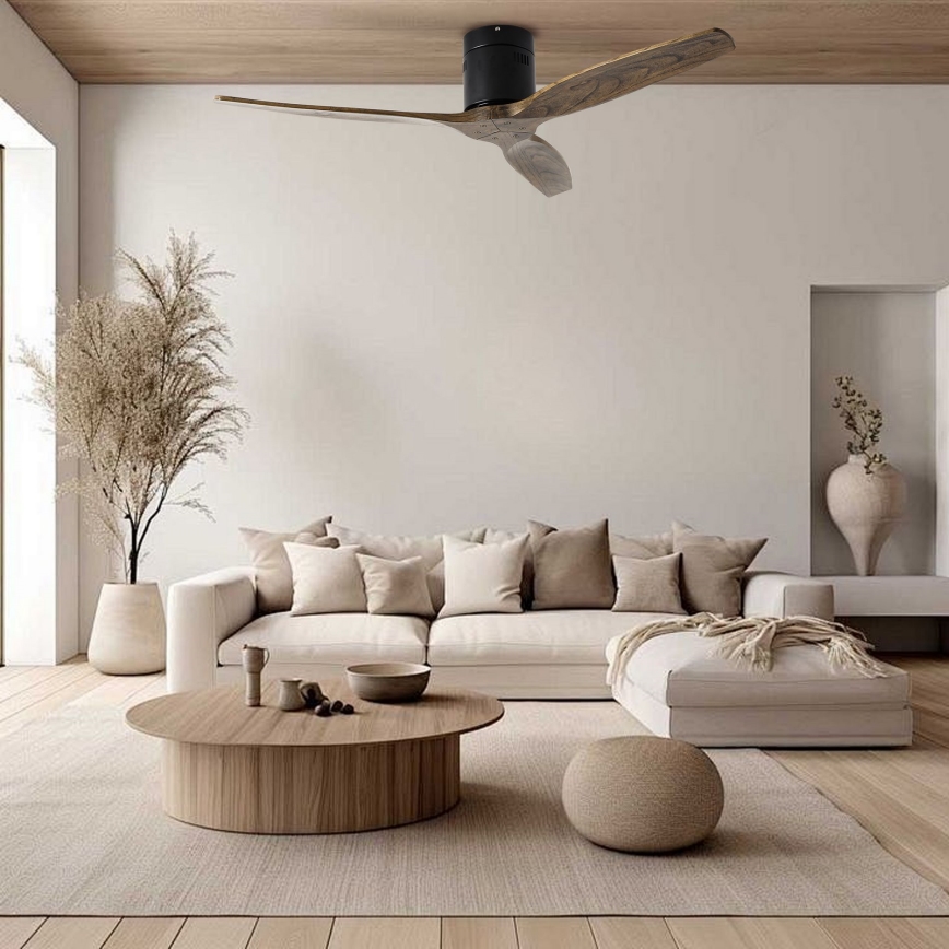 ZEVENTI - Ventilatore da soffitto SPELLO Wi-Fi Tuya nero/rovere + telecomando
