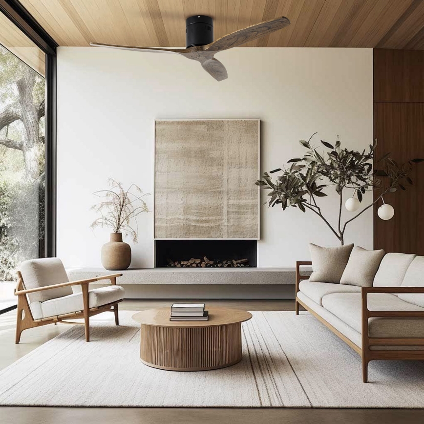 ZEVENTI - Ventilatore da soffitto SPELLO Wi-Fi Tuya nero/rovere + telecomando