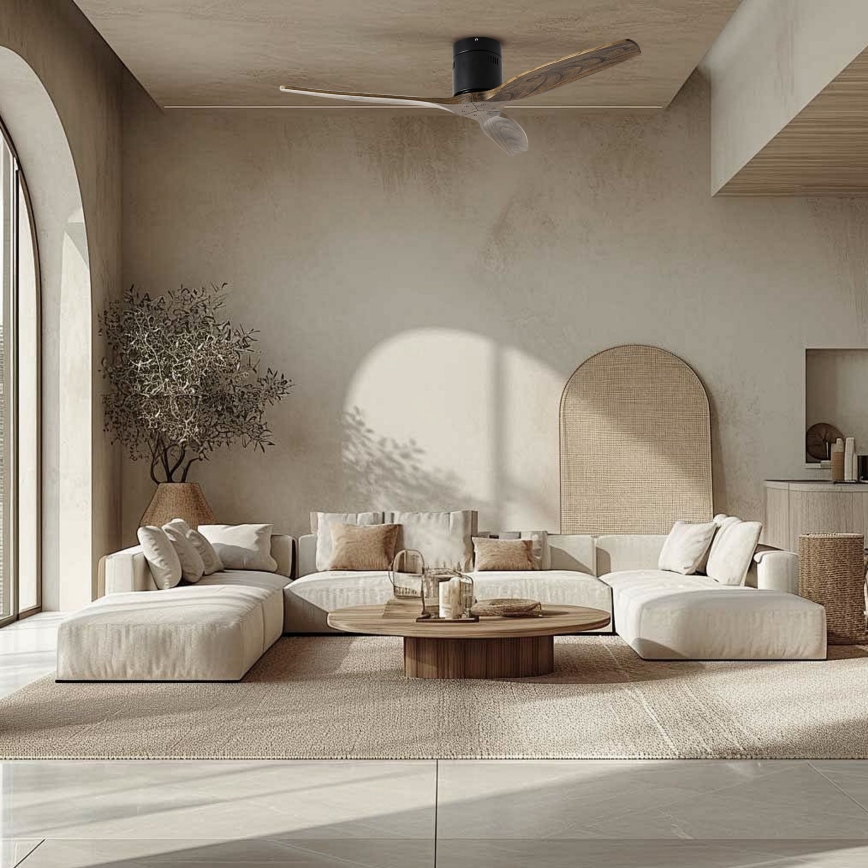 ZEVENTI - Ventilatore da soffitto SPELLO Wi-Fi Tuya nero/rovere + telecomando