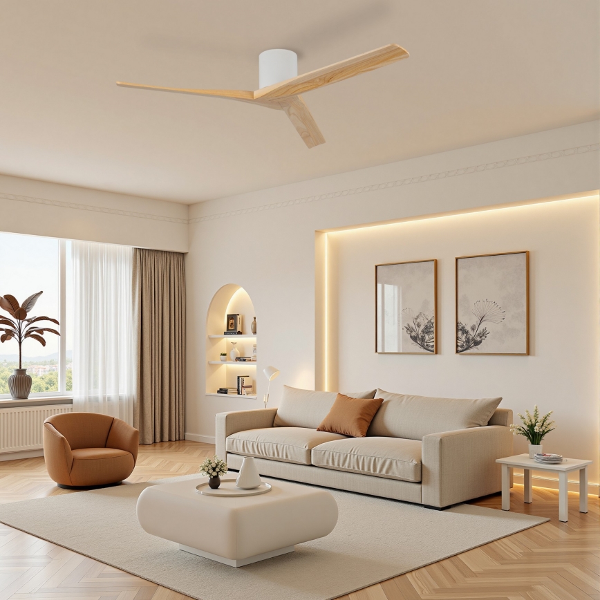 ZEVENTI - Ventilatore da soffitto VELLON Wi-Fi Tuya bianco/paulownia + telecomando