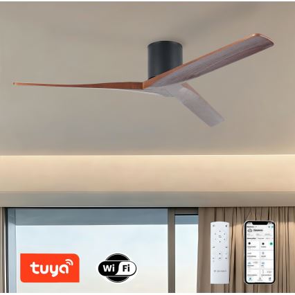 ZEVENTI - Ventilatore da soffitto VELLON Wi-Fi Tuya nero/noce + telecomando