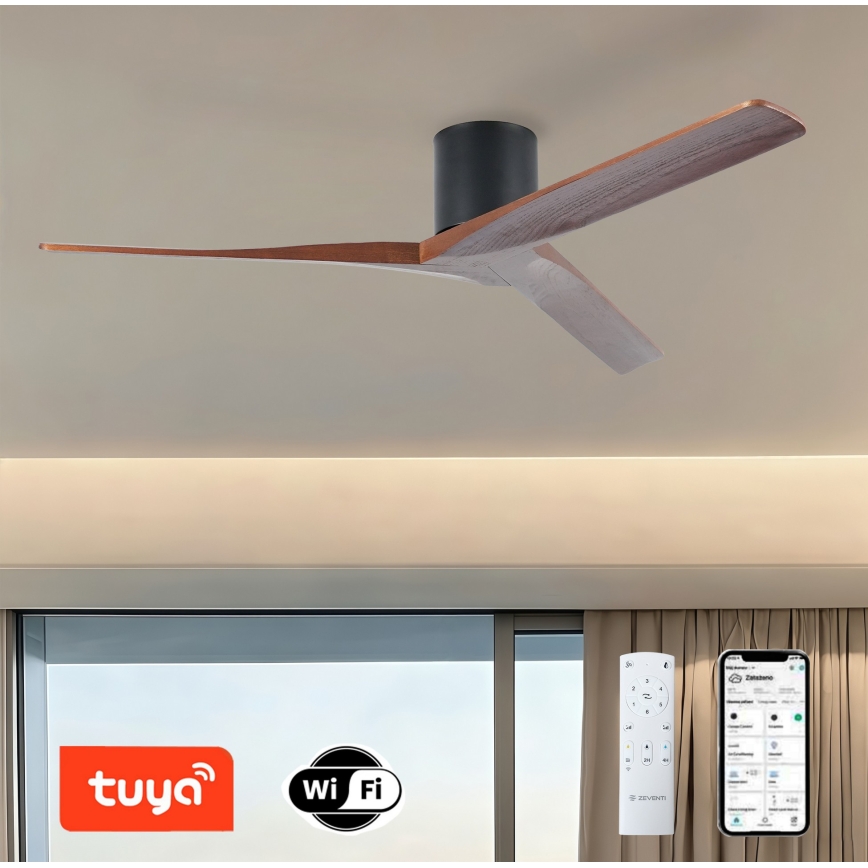 ZEVENTI - Ventilatore da soffitto VELLON Wi-Fi Tuya nero/noce + telecomando