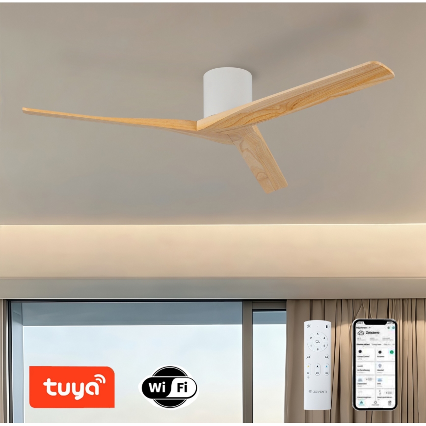 ZEVENTI - Ventilatore da soffitto VELLON Wi-Fi Tuya bianco/paulownia + telecomando
