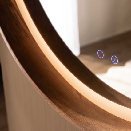 Zuma Line - Specchio da parete riscaldato per bagno con retroilluminazione LED, 36W/230V, 3000/4000/6000K, Ø 80 cm, IP44, rovere